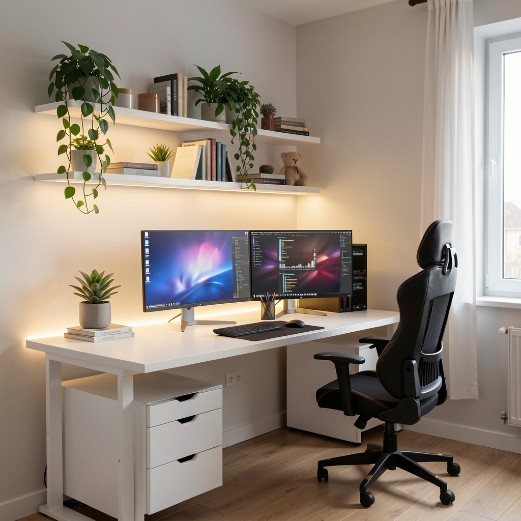 Home office modern amenajat cu birou reglabil alb, raft de perete cu plante, iluminat cald și setup dual monitor, atmosferă productivă și relaxantă