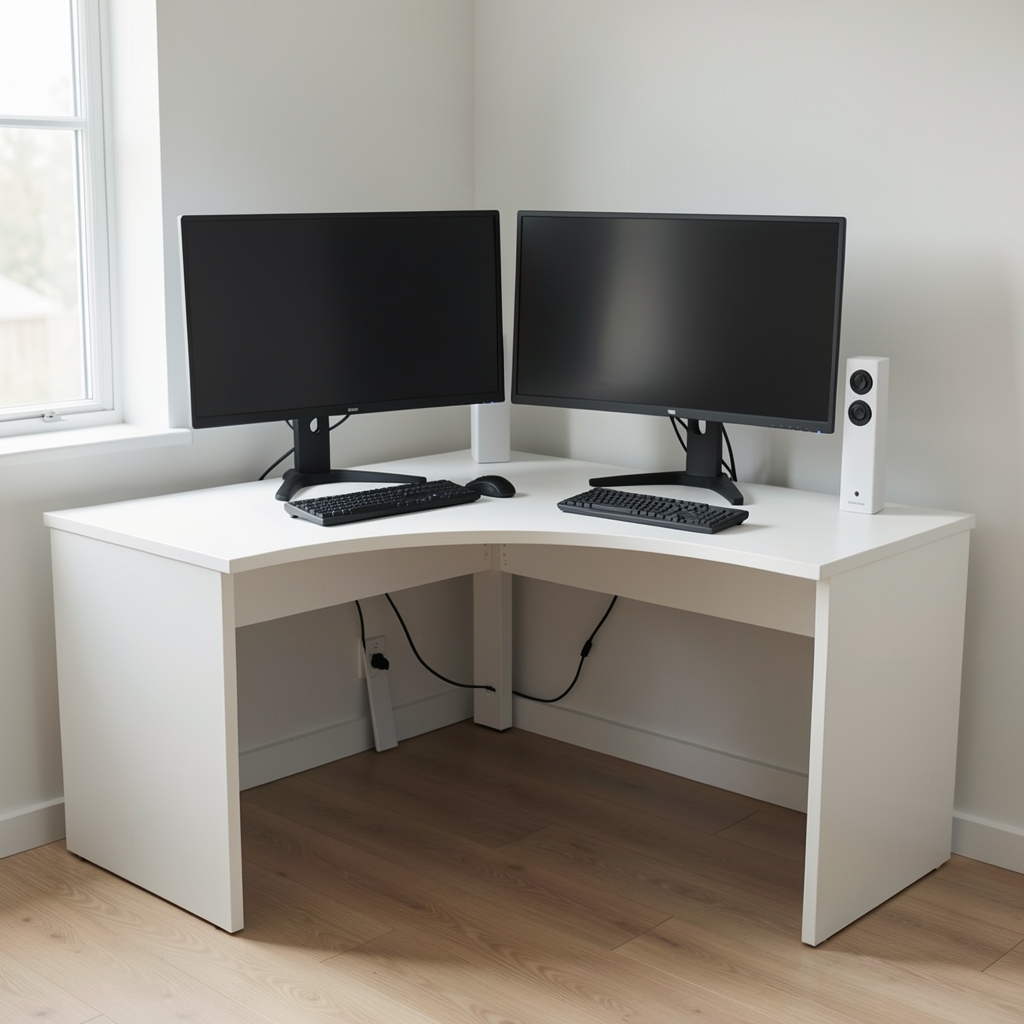 Birou reglabil în formă de L cu suprafață dublă MDF alb 180x160cm, motor electric dublu, perfect pentru stație de lucru dual-monitor