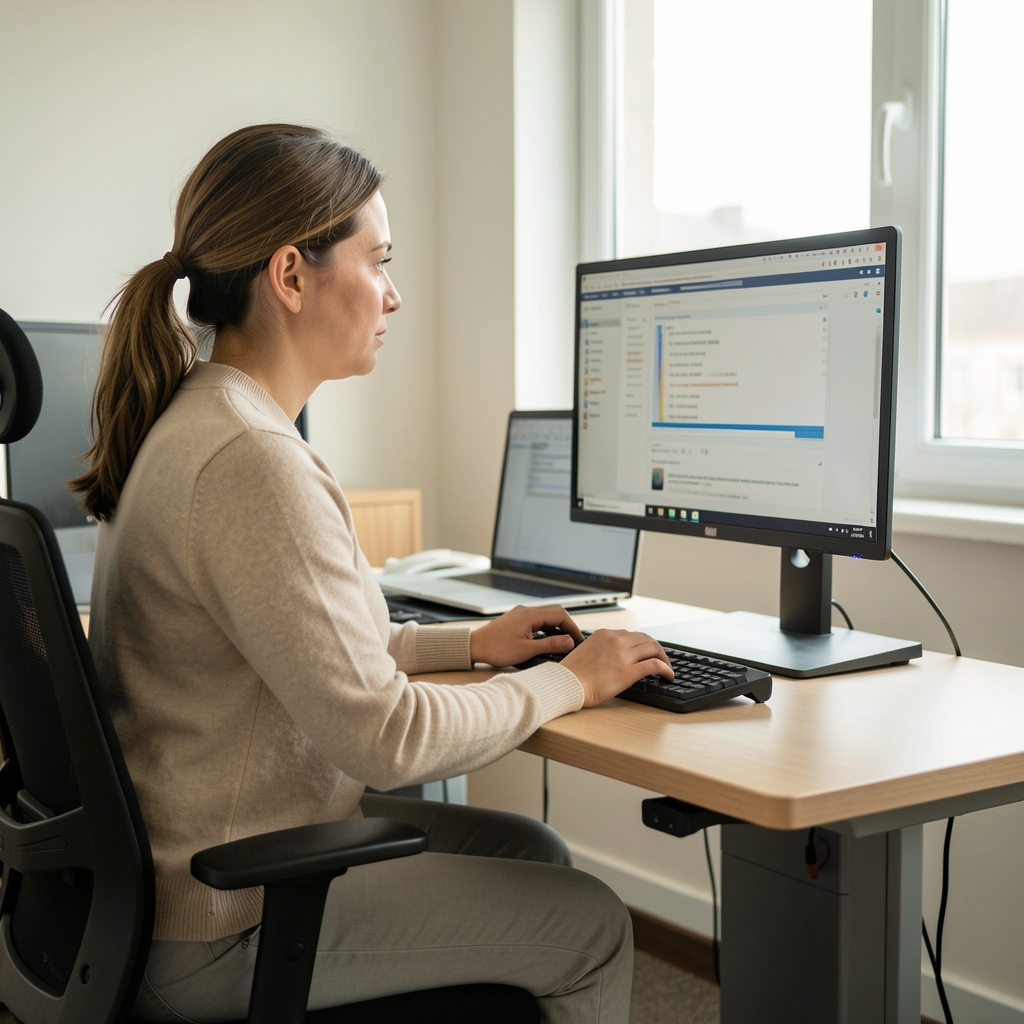 Persoană care lucrează la un birou ergonomic reglabil cu monitor poziționat corect la nivelul ochilor, spate drept, coate în unghi de 90 grade