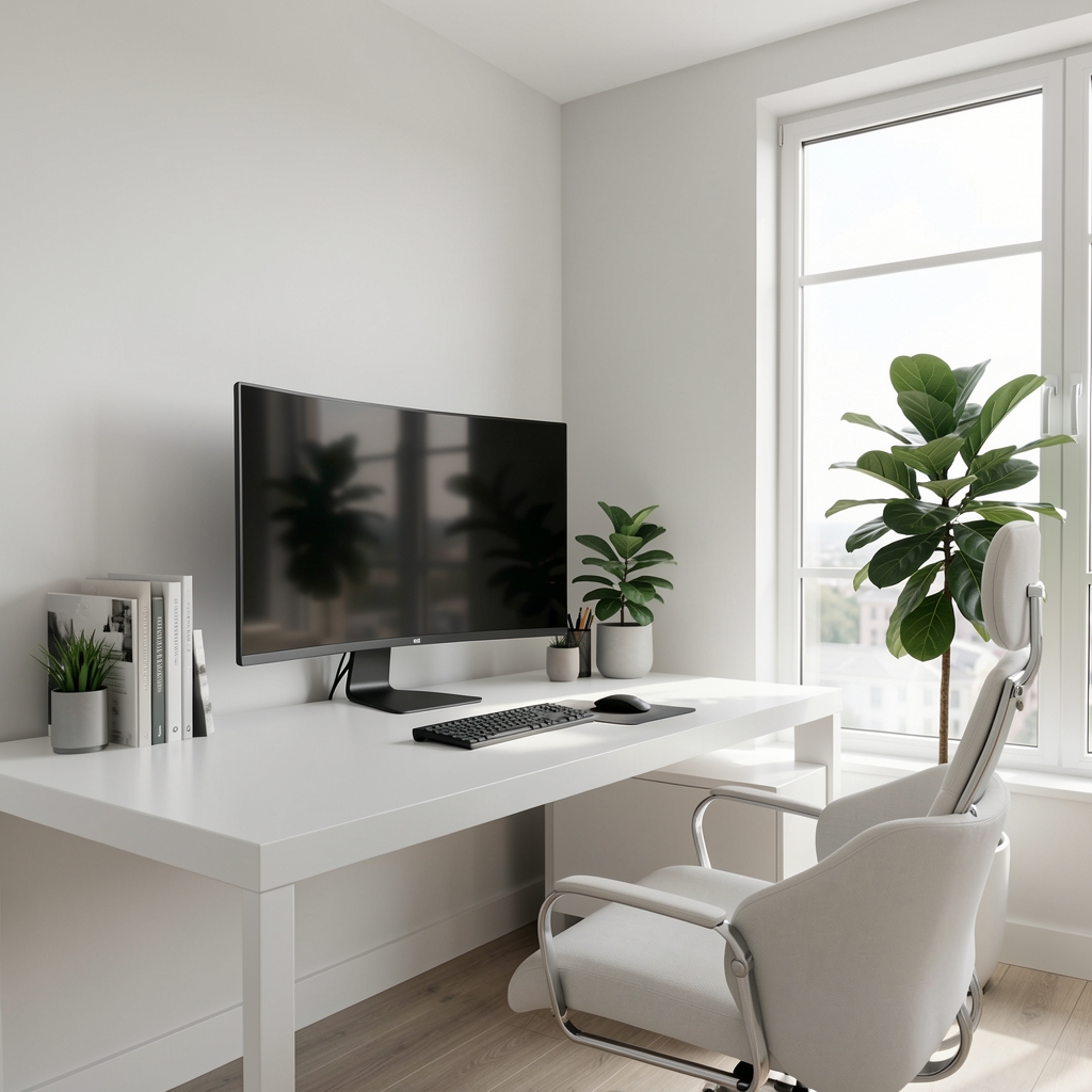 Spațiu de lucru home office modern cu birou alb, monitor ultrawide, plantă verde în colț și lumină naturală abundentă printr-o fereastră mare