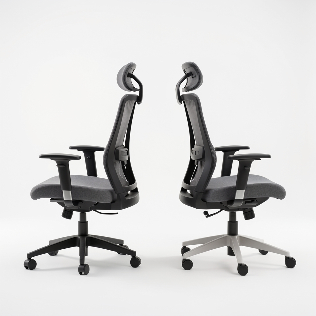Comparație laterală de scaune ergonomice de birou aranjate în studio foto alb, modele diferite cu cotiere, spătare mesh și reglaje multiple vizibile