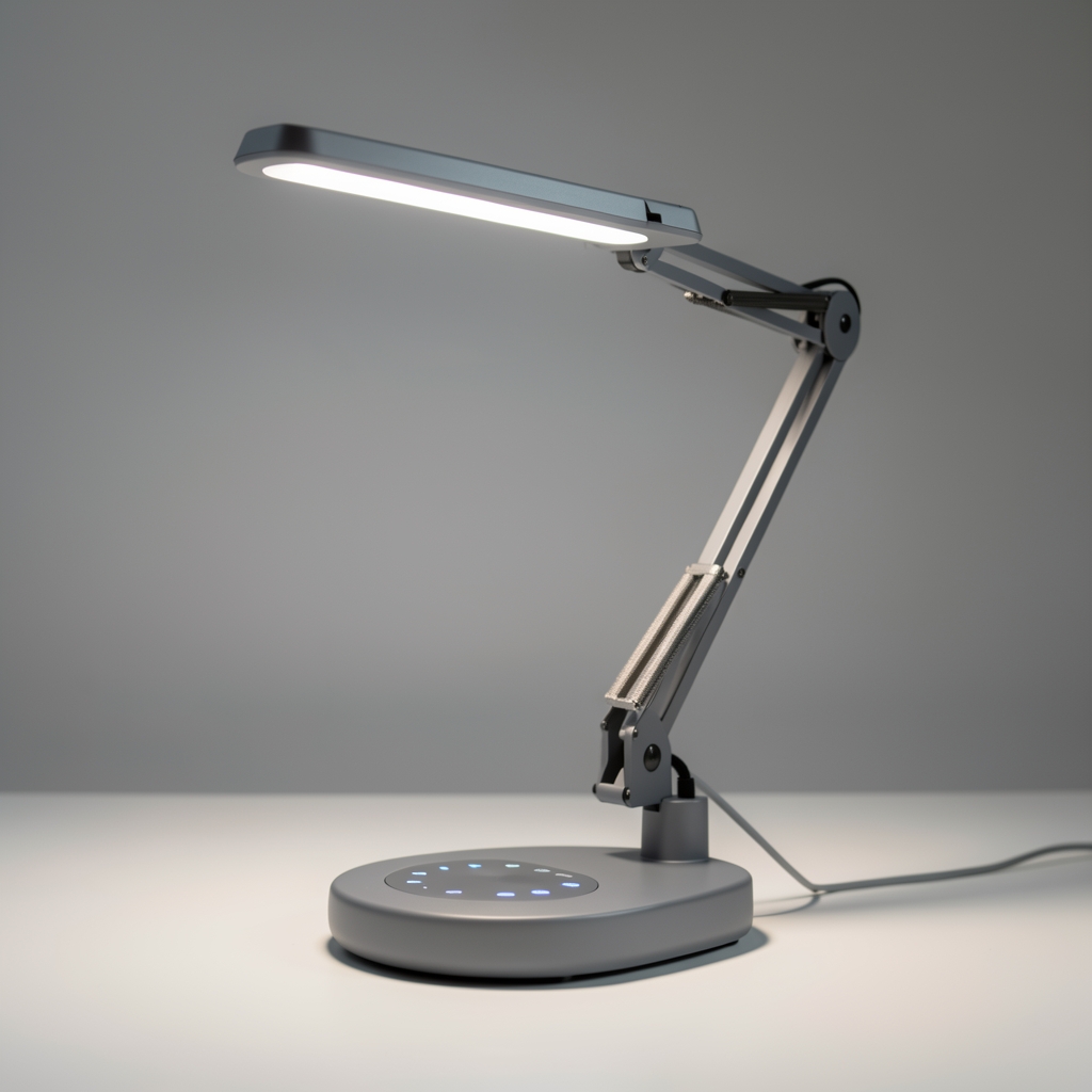 Lampă de birou LED inteligentă cu braț articulat, reglaj temperatură culoare de la 2700K la 6500K, control tactil și conectivitate USB