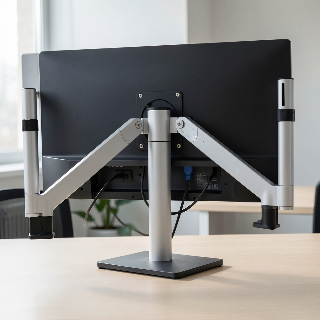 Suport monitor dublu articulat din aluminiu cu prindere tip clemă de birou, brațe cu mișcare 360 grade și management integrat al cablurilor