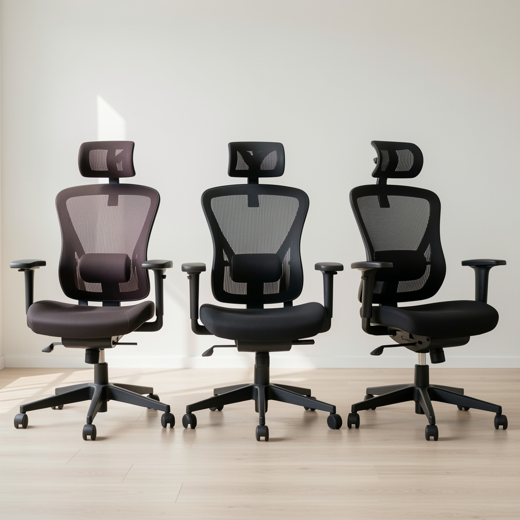Comparație vizuală între trei scaune ergonomice diferite aliniate, prezentând diferențele de suport lombar, tip spătar și cotiere