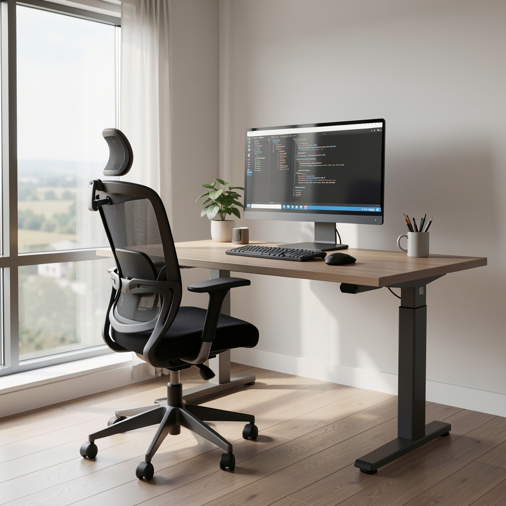 Spațiu de lucru ergonomic complet echipat cu birou reglabil la înălțimea corectă, scaun cu suport lombar, monitor la nivelul ochilor și iluminat natural abundent din fereastră