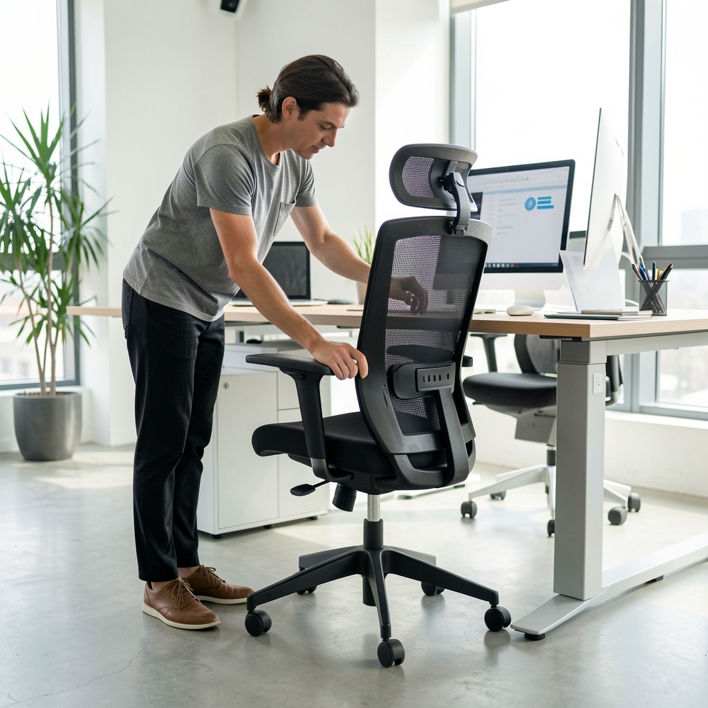 Persoană ajustând înălțimea unui scaun ergonomic de birou cu spătar mesh, în birou modern cu lumină naturală abundentă