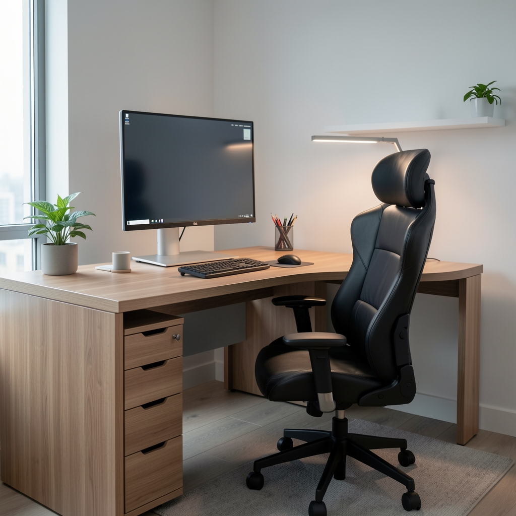 Birou modern ergonomic cu monitor reglabil, scaun ergonomic din piele neagră și lampă de birou LED inteligentă — spațiu de lucru contemporan bine organizat