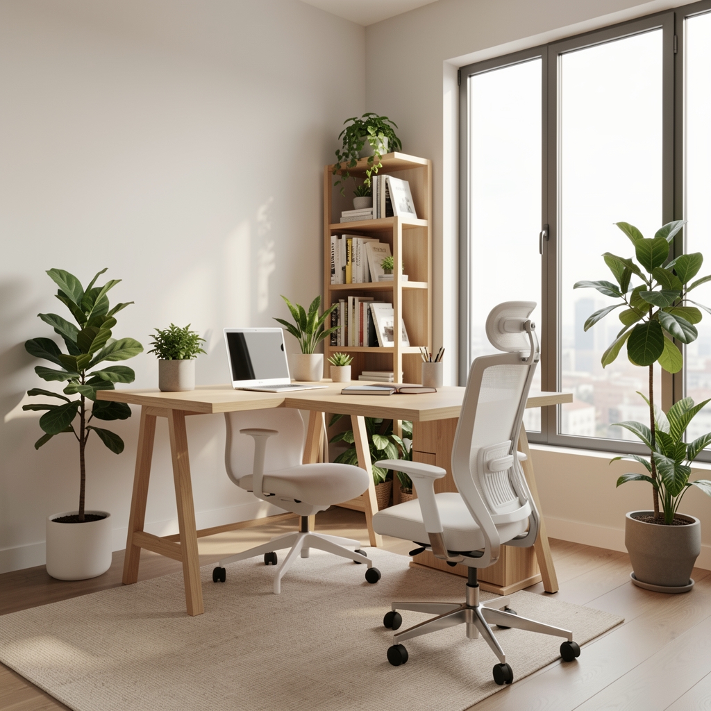 Home office modern și luminos amenajat cu birou reglabil din lemn deschis, scaun ergonomic alb, raft cu cărți, plante verzi și fereastră mare cu lumină naturală abundentă