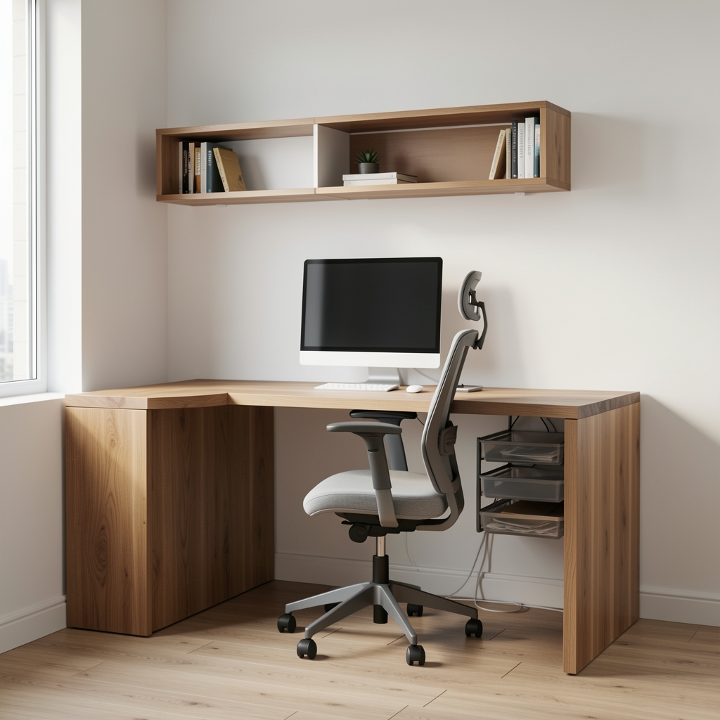 Home office minimalist cu birou din stejar masiv, scaun ergonomic gri, suport monitor alb, raft modular pe perete și organizatoare pentru cabluri sub blat