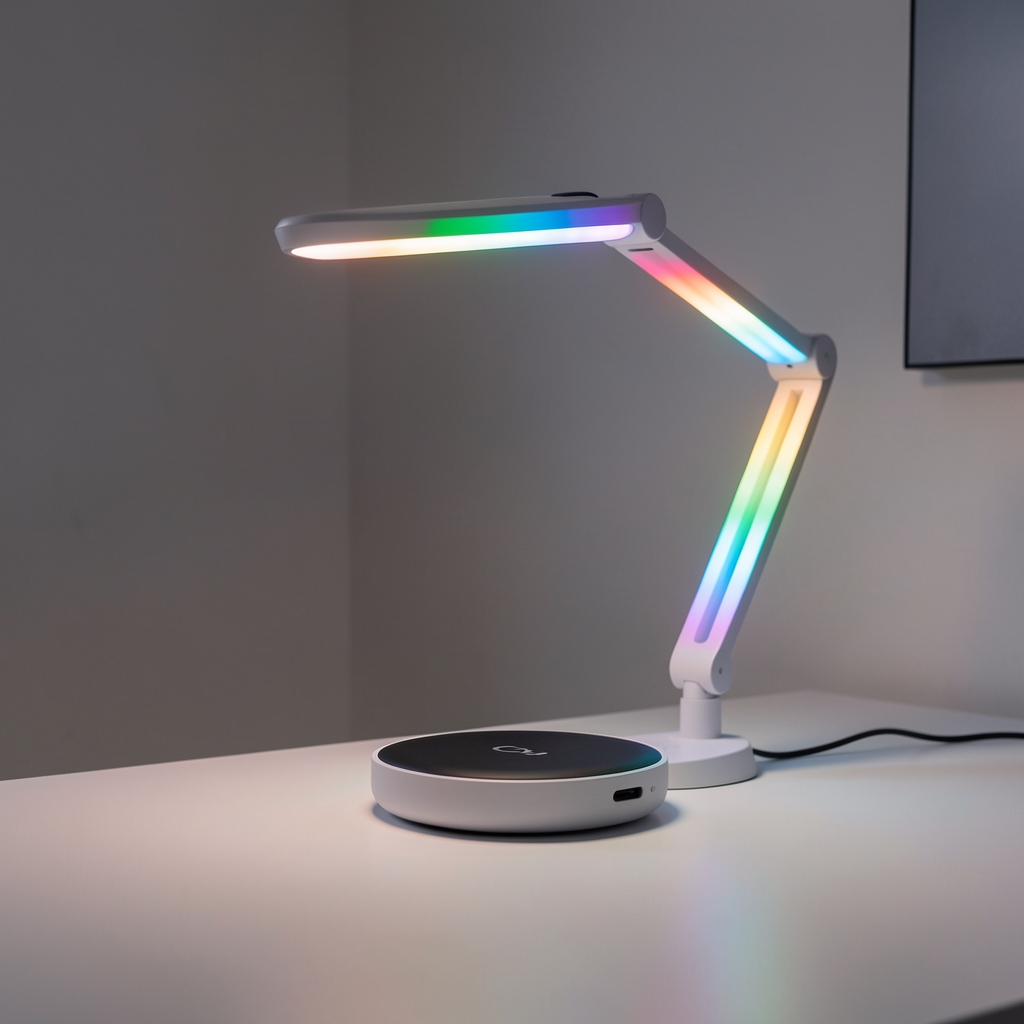 Lampă de birou smart LED RGB cu control aplicație smartphone, lumini ambientale colorate, 16 milioane culori, braț flexibil și bază încărcator wireless Qi 15W