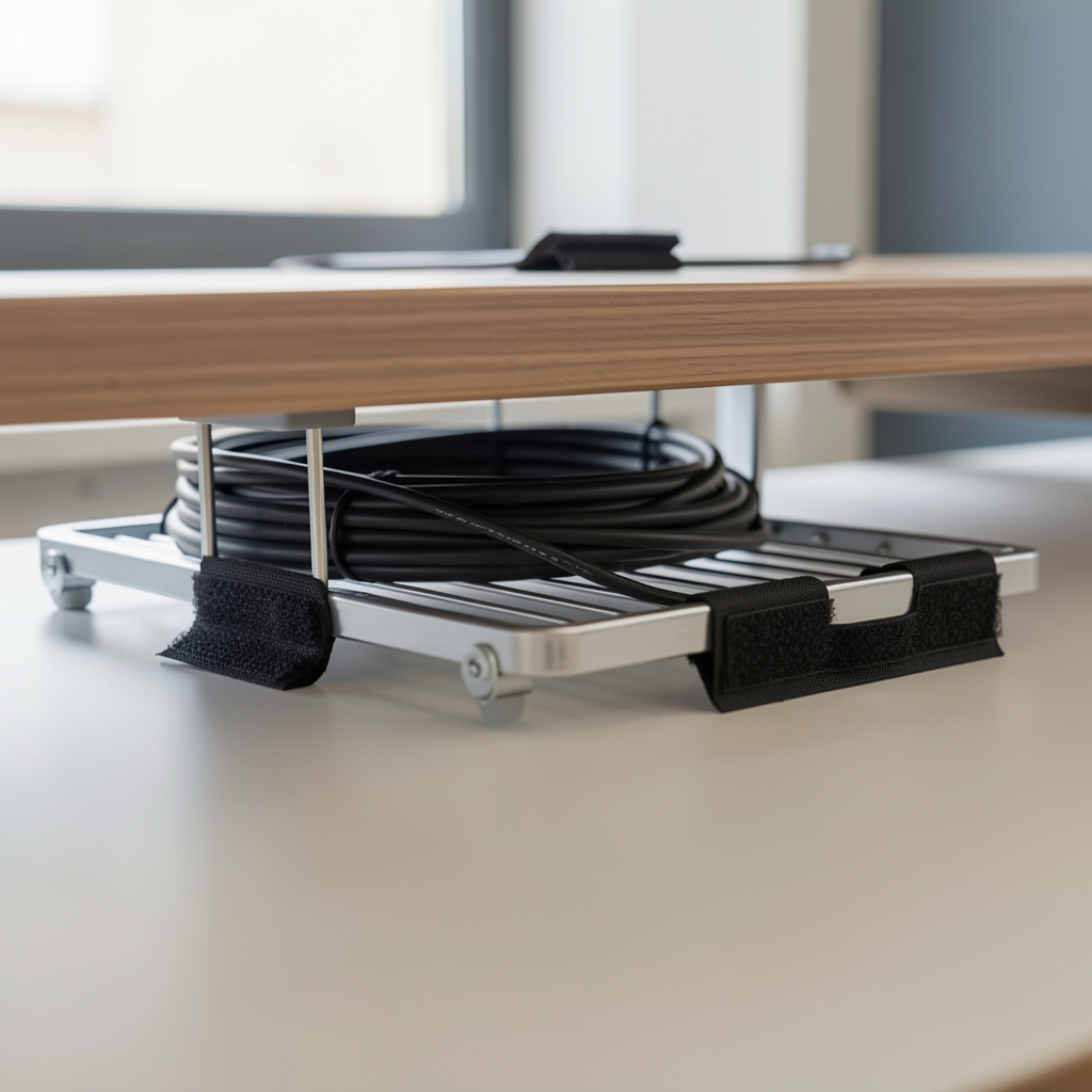 Birou de lucru cu cabluri perfect organizate folosind tăvița metalică sub birou, velcro negru și ghidaje de cabluri din plastic, aspect curat și profesional