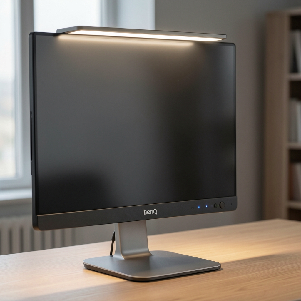Lampă de birou BenQ ScreenBar Halo LED cu iluminare ecran și ambientală, lipsă de reflexie pe monitor, senzor de lumină ambiantă, control prin roată rotativă