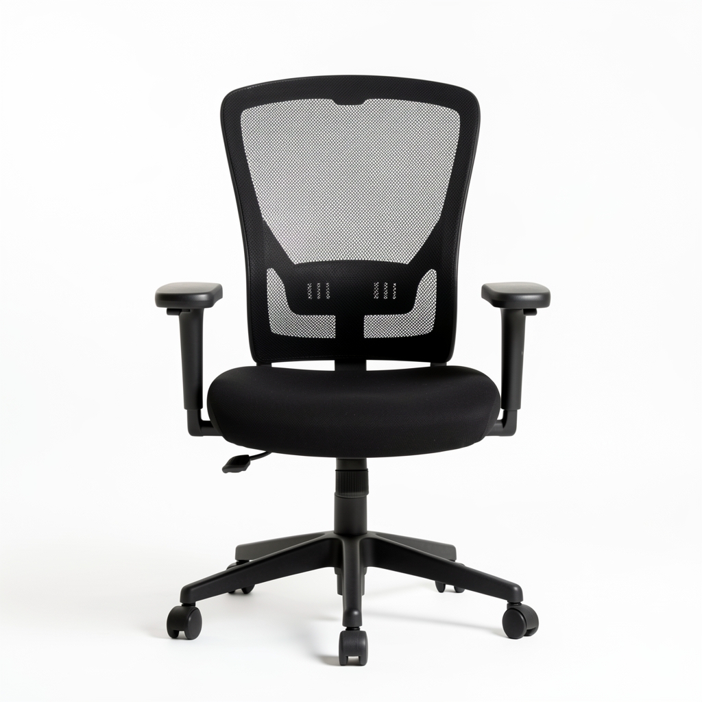 Herman Miller Aeron Remastered scaun ergonomic vedere frontală cu plasă neagră 8Z Pellicle și brațe reglabile 4D, fundal alb studio