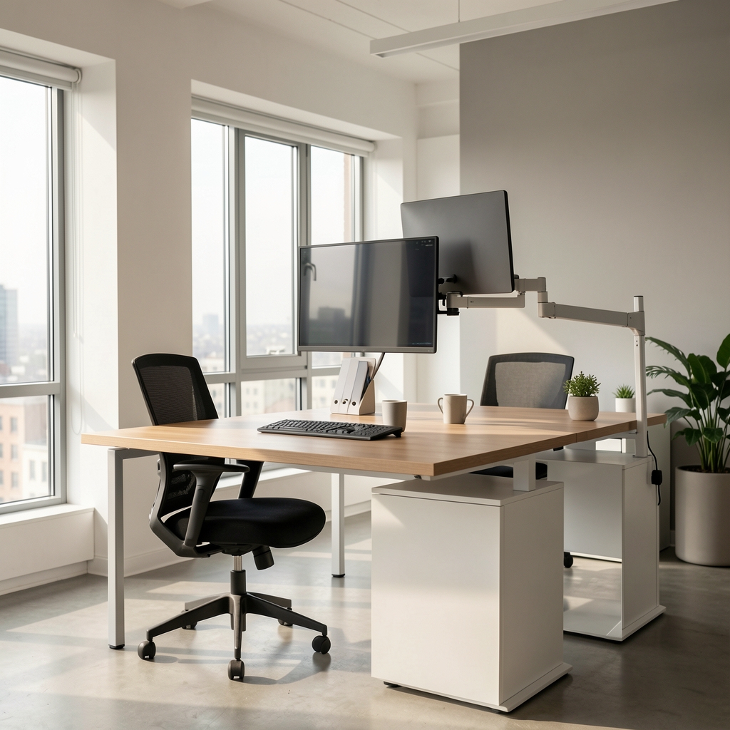 Herman Miller Aeron în cadrul unui birou modern cu iluminat natural, birou reglabil și monitor pe braț