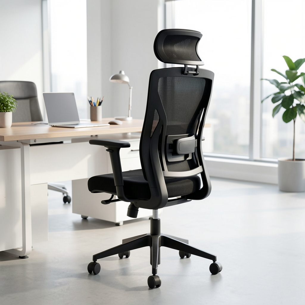 Scaun ergonomic premium negru cu suport lombar vizibil, cotiere ajustabile, spătar înalt tip headrest și bază stelată din aluminiu, fotografiat în birou modern luminos