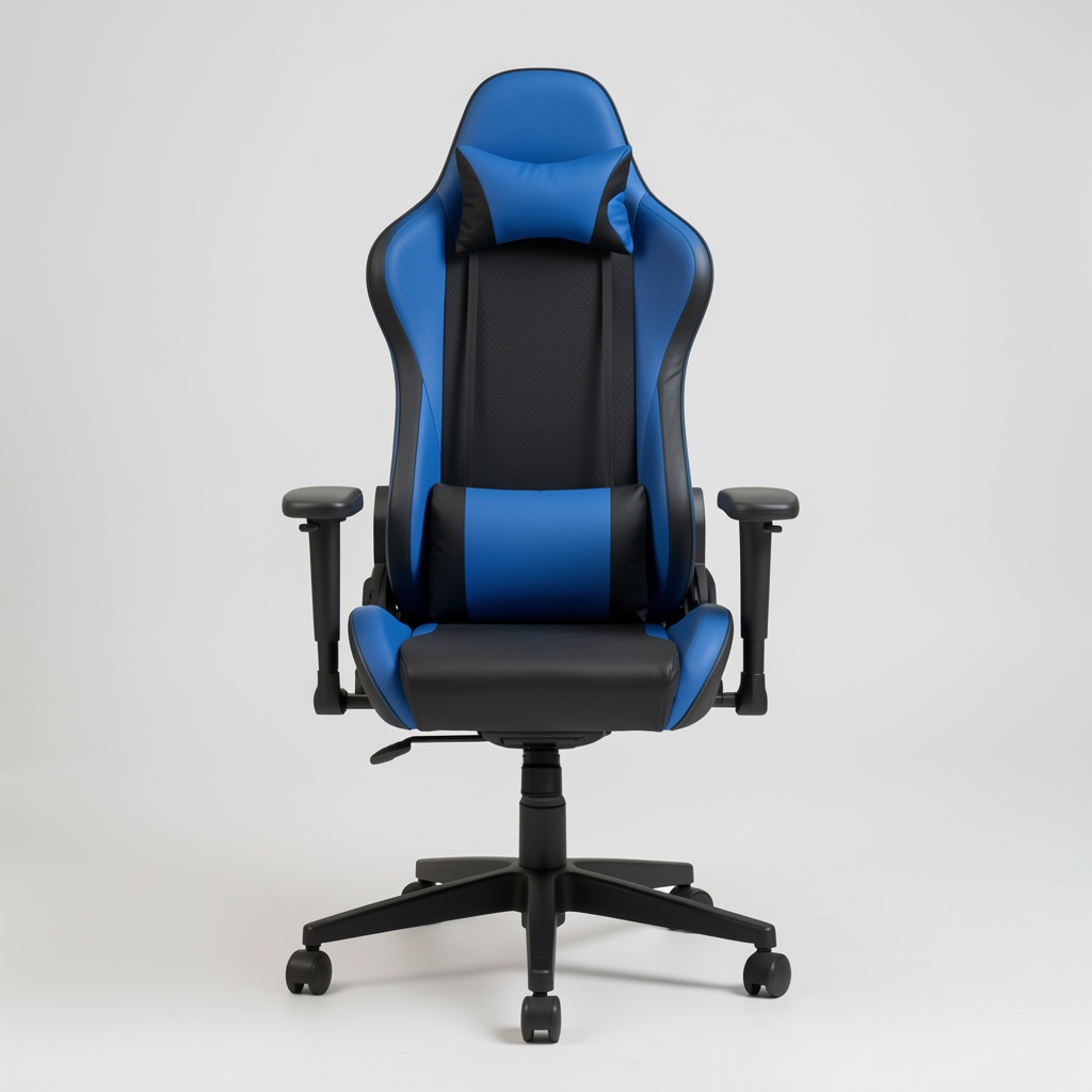 Scaun ergonomic gaming-style cu tapițerie textil albastru-negru, spătar înalt cu pernă lombară detașabilă, cotiere 2D și bază stelată neagră din nylon