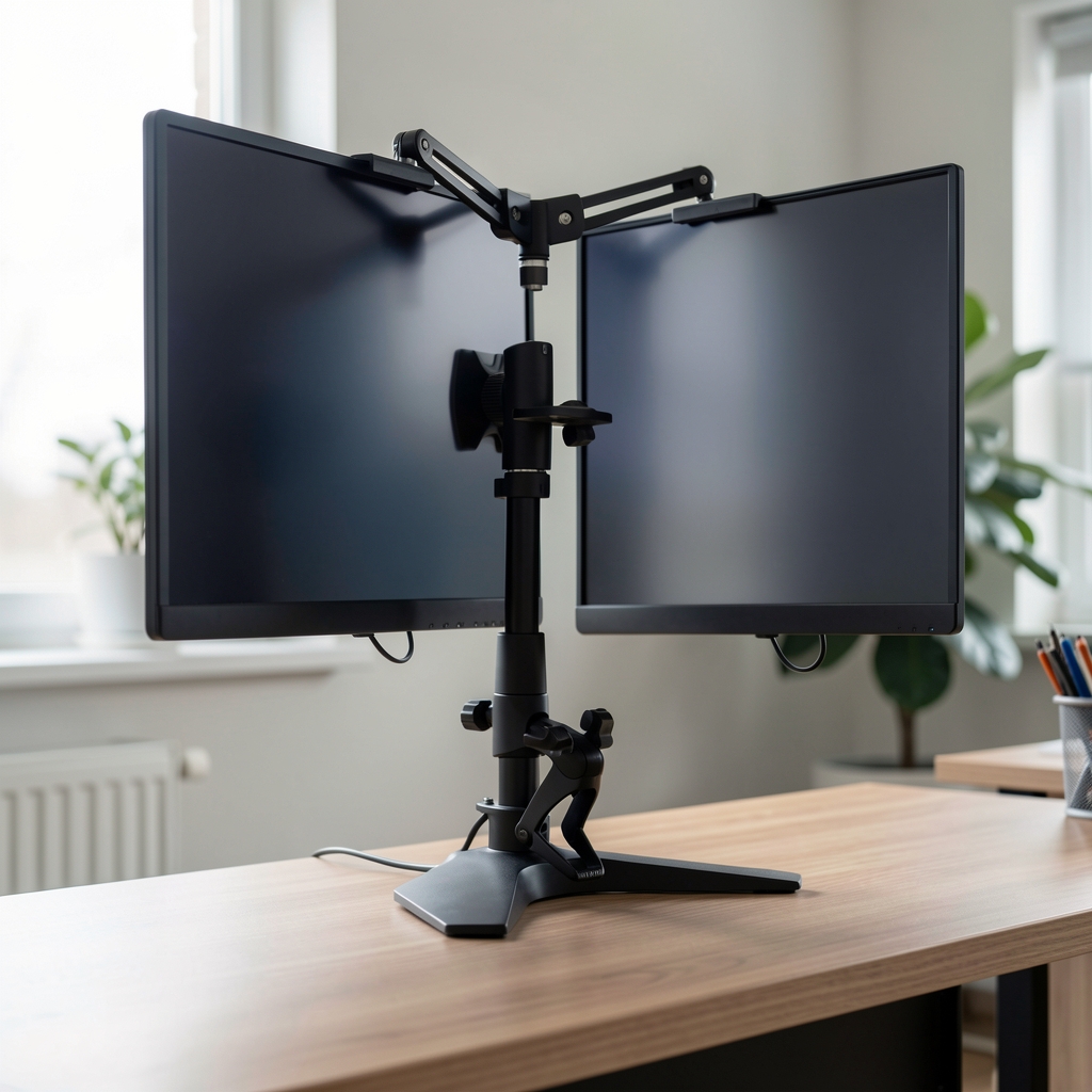 Suport monitor dublu TechMount argintiu cu brațe articulate pentru monitoare 27 inch